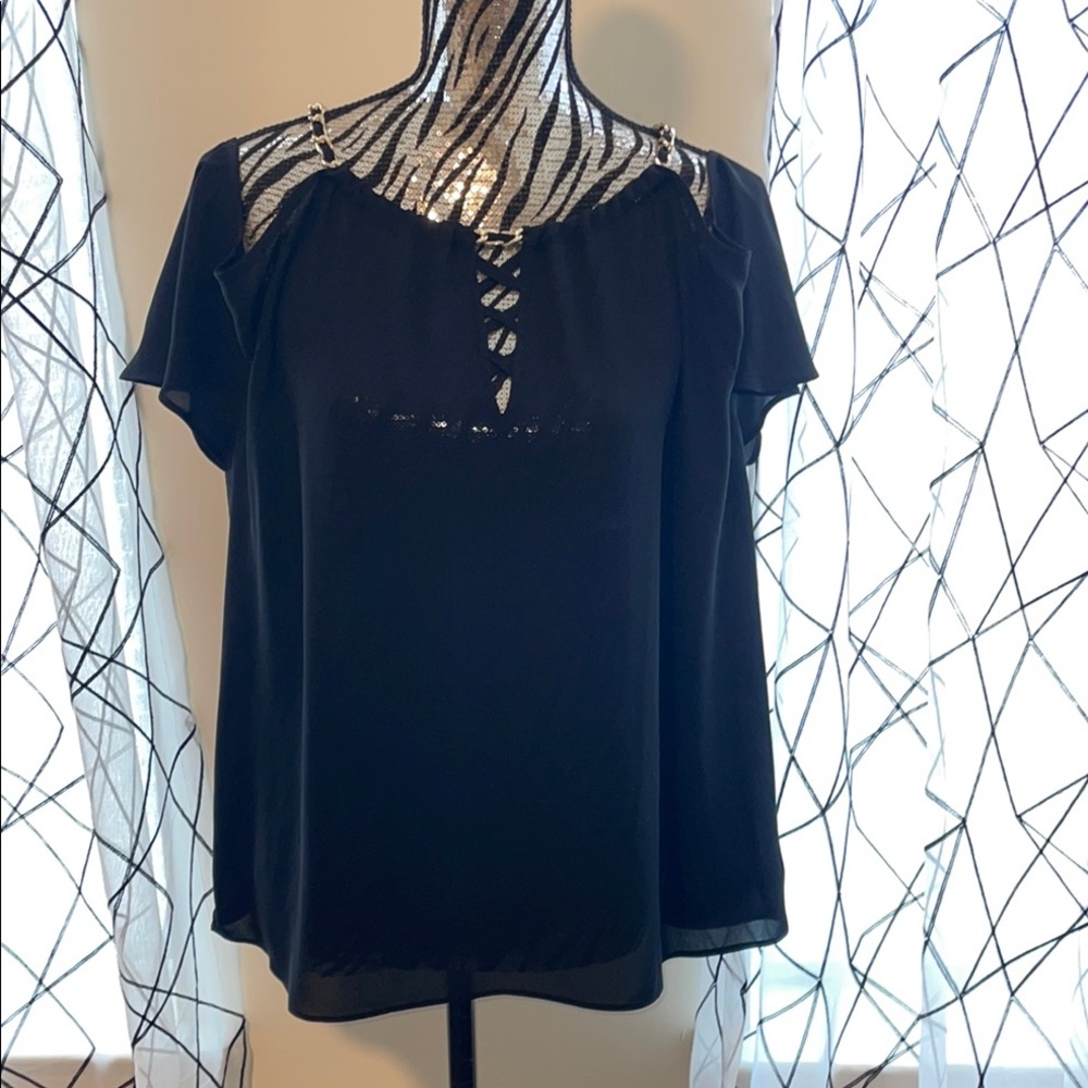 Elegant Black with Gold Chain Detail Top Cold Shoulder Women Size Large